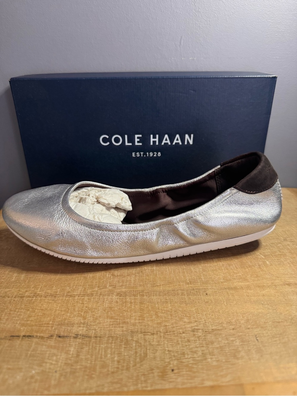 Cole Haan Silver Metallic Leather Ballet Flat with Dark Heel Collar